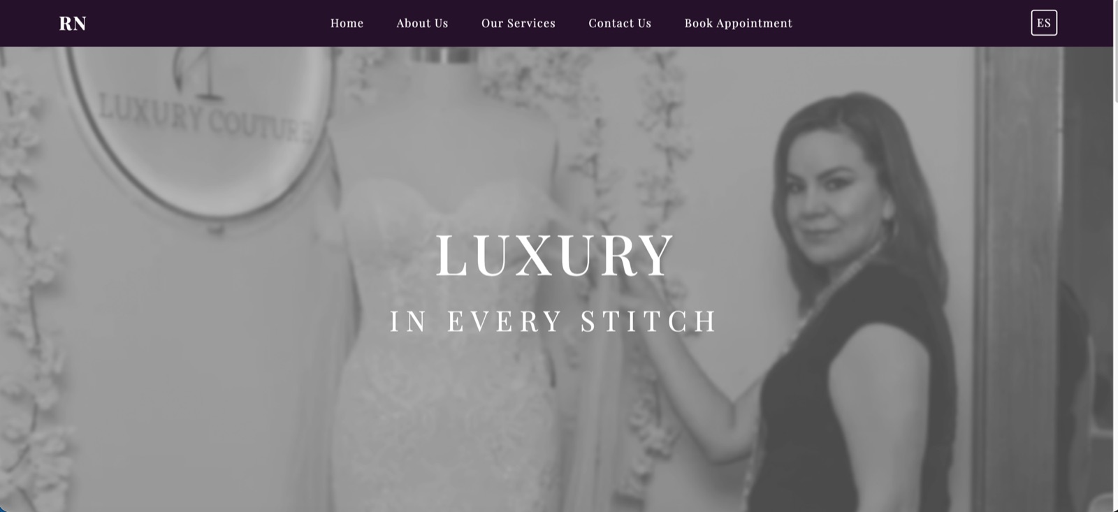 The bridal boutique's homepage, with a black-and-white photo of the shop behind the headline 