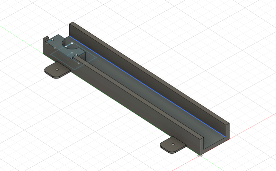 Fusion 360 model of an axis rail, showing the channel profile, carriage cut-out and mounting tabs