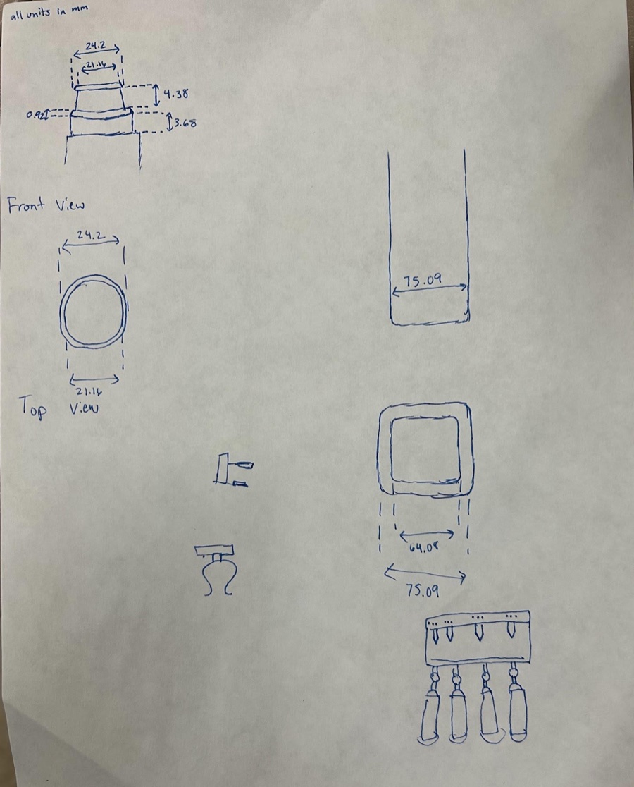 Hand-drawn front and top views of the bottle neck and enclosure, dimensioned in millimetres
